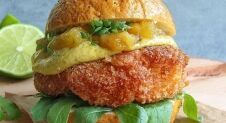 Coconut Crusted Chicken Burger with Spicy Coriander Sauce & Caramelized Pineapple